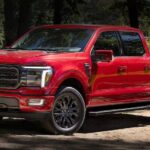 A red 2024 Ford F-150 XLT parked off-road and angled left.
