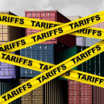 Yellow tariff tape is shown in front of shipping containers.