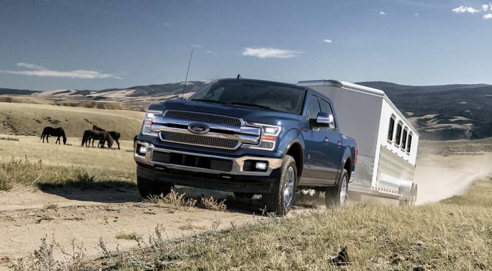 A blue 2019 Ford F-150 towing a trailer on a dirt road.