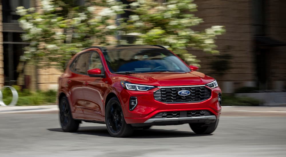 A red 2025 Ford Escape ST-Line is shown from the front.