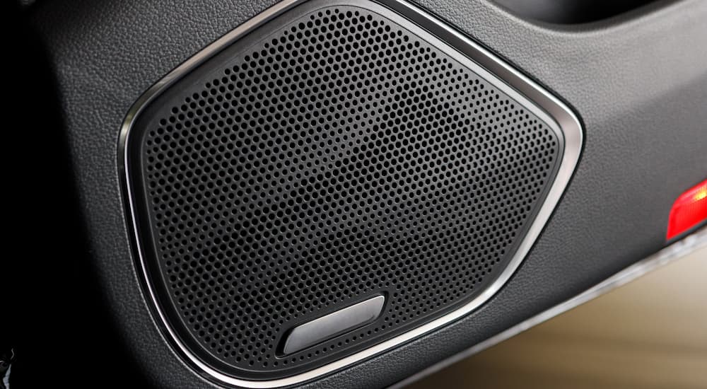 Close-up of a speaker on inside of a car door