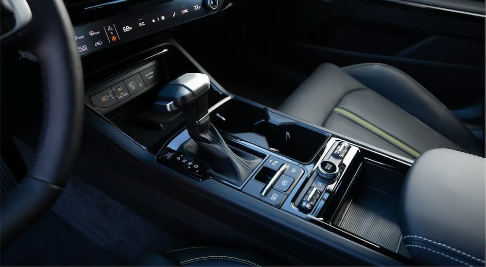 Close-up of the center console shifter in a 2025 Kia K5.
