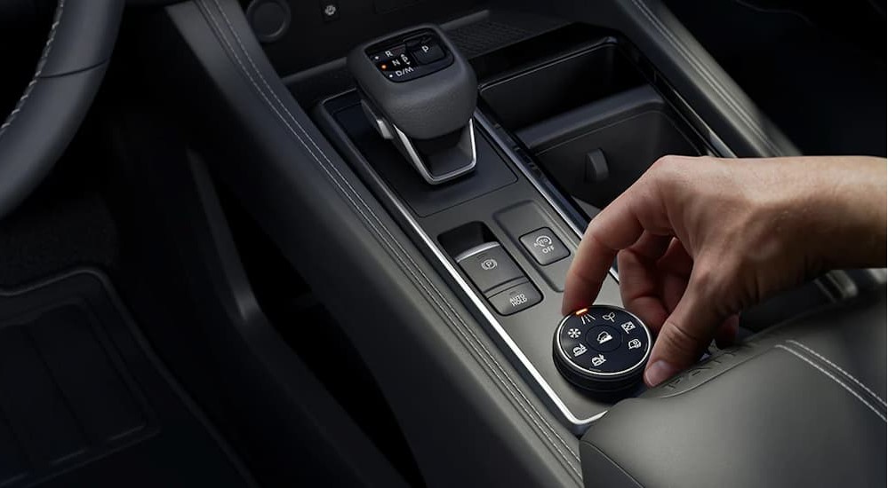 Close-up of the center console in a 2025 Nissan Pathfinder.