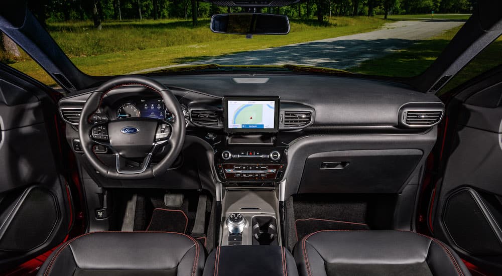 The black interior of a 2022 Ford Explorer.
