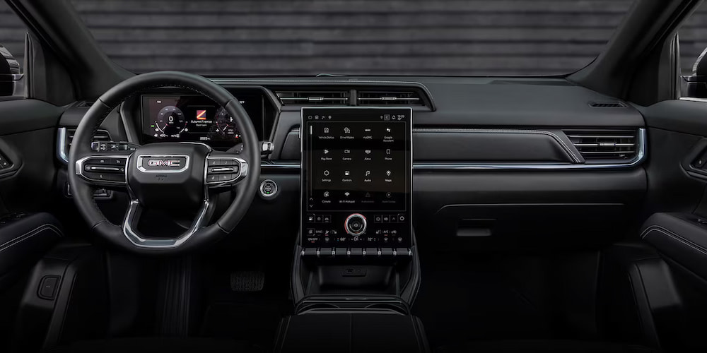 Black interior and infotainment system in a 2026 GMC Terrain