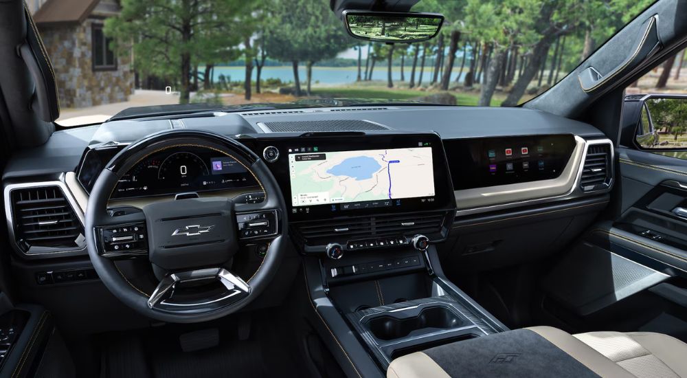 Infotainment display and steering in a 2027 Chevy Silverado 1500.